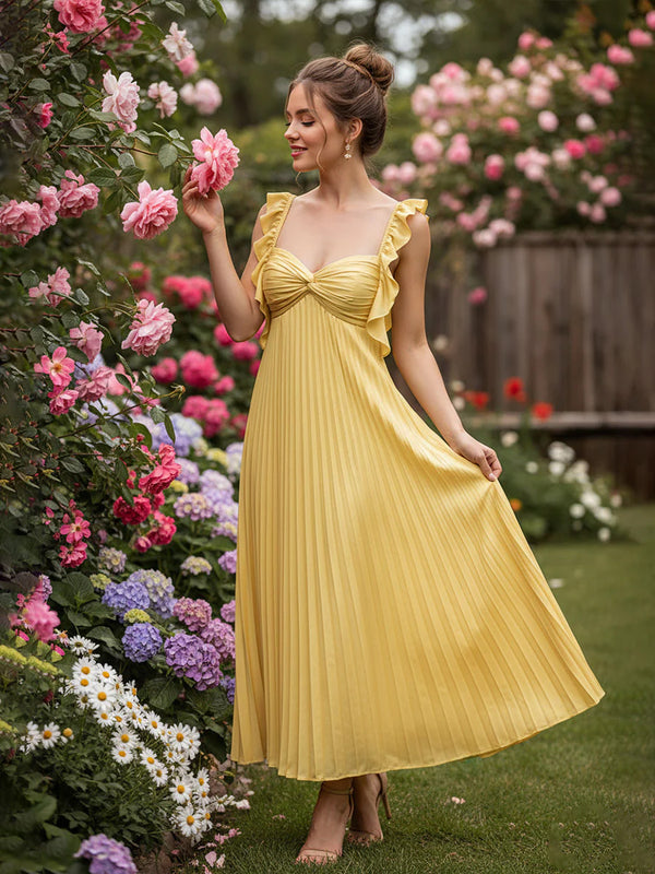 Sweetheart A Line Sleeveless Pleated Ankle Length Elegant Prom Dresses with Ruffles