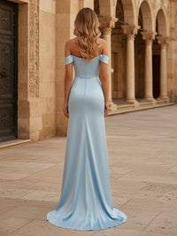 Off the Shoulder Satin Mermaid Prom Dresses with Slit