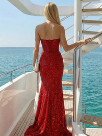 Sequin Strapless Corset Ruched Prom Dresses with Slit