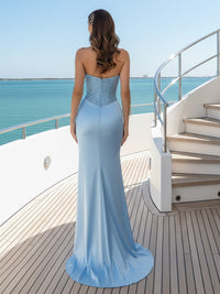 Satin Strapless Sequin Sweetheart Corset Ruched Prom Dresses with Slit
