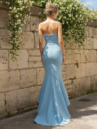 Satin Strapless Mermaid Ruffles Sleeveless High Low Pleated Prom Dresses