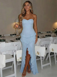 Mermaid Strapless Glitter Asymmetrical Prom Dresses with Ruffles