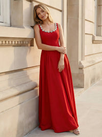A Line Scoop Satin Tea Length Elegant Simple Prom Dresses with Rhinestones