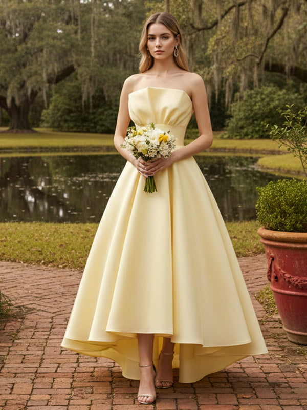 A line Strapless High Low Sleeveless Prom Dresses with Pleats Belt