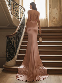 Spaghetti Straps Satin V Neck A Line Prom Dresses for Women