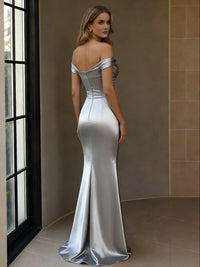 Off the Shoulder Satin Floor Length Prom Dresses