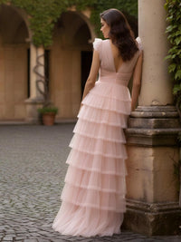 Tiered Tulle V Neck A Line Prom Dresses for Women