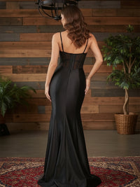 Satin Sweetheart Sleeveless Mermaid Spaghetti Straps Prom Dresses with Slit