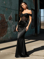 Sequin Satin Sweetheart Sleeveless Mermaid Off the Shoulder Prom Dresses