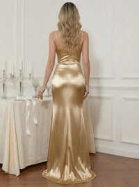 Satin Spaghetti Straps Sweetheart Sleeveless Mermaid Pleated Prom Dresses with Slit