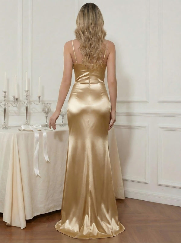 Satin Spaghetti Straps Sweetheart Sleeveless Mermaid Pleated Prom Dresses with Slit