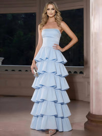 Chiffon Strapless A Line Sleeveless Ruffles Pleated Prom Dresses