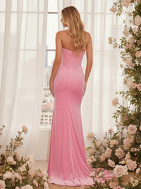 Satin Strapless Sweetheart Corset Ruched Prom Dresses with Slit
