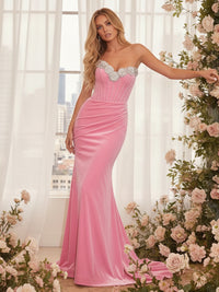 Satin Strapless Sweetheart Corset Ruched Prom Dresses with Slit