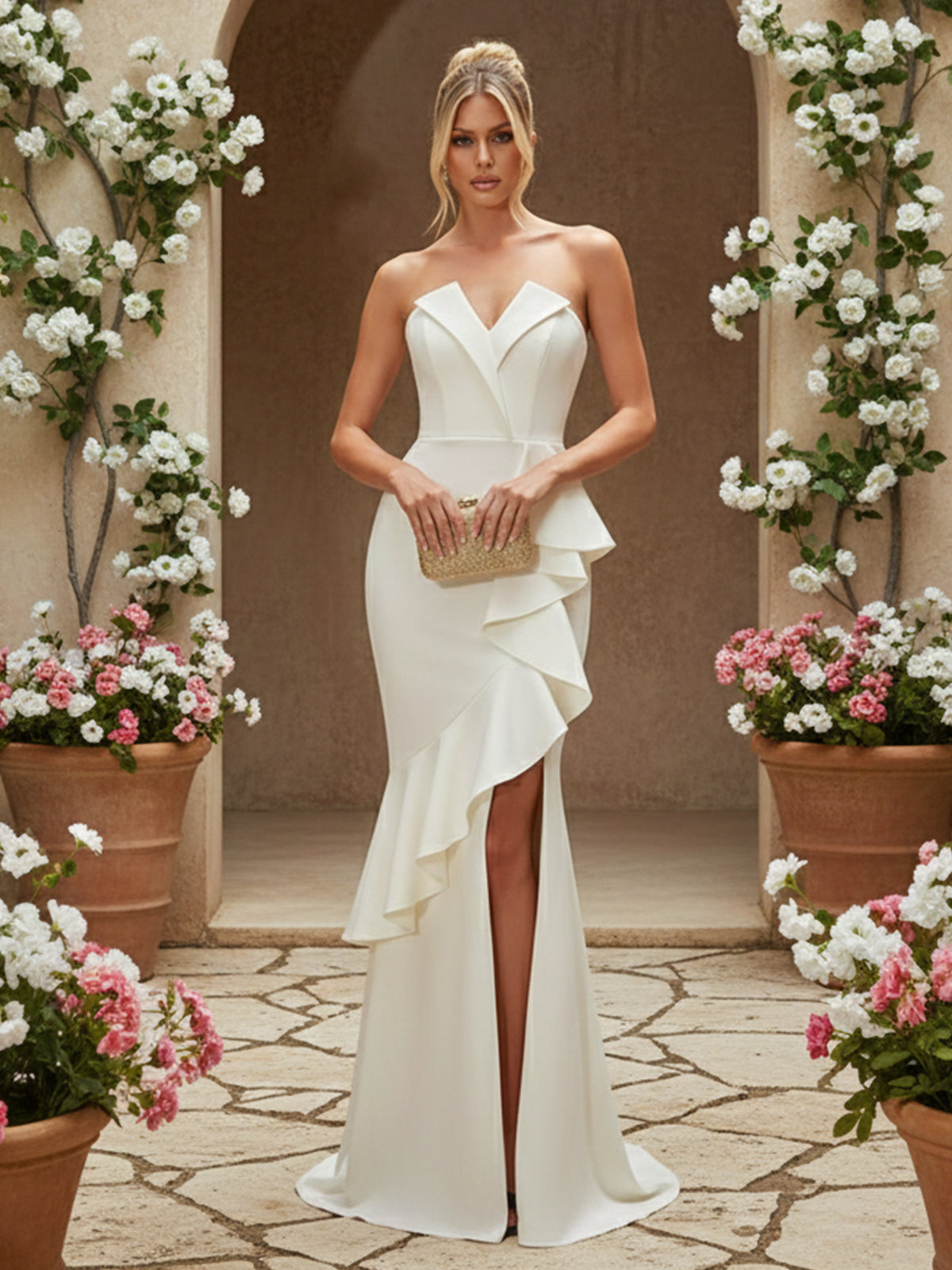 Satin Sweetheart Ruffles Strapless Corset Prom Dresses with Slit