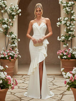 Satin Sweetheart Ruffles Strapless Corset Prom Dresses with Slit