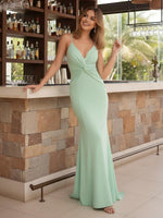 Satin Spaghetti Straps V Neck Twisted Waist Corset Prom Dresses with Slit