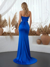 Satin Beading Sweetheart Strapless Cut Out Corset Prom Dresses with Slit