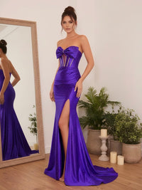 Sequin Strapless Mermaid Sweetheart Sleeveless Pleated Prom Dresses with Slit