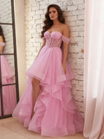 Strapless A Line Sweetheart Sparkly Tulle Sleeveless Pleated Ruffles Prom Dresses