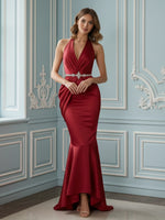 Halter Sleeveless Mermaid Satin Ruffles Pleated Prom Dresses