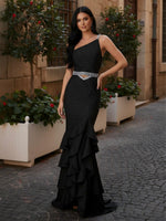 One Shoulder Mermaid Sequin Pleated Ruffles Prom Dresses with Slit
