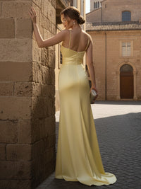 V Neck Spaghetti Straps Satin Sleeveless Prom Dresses with Slit
