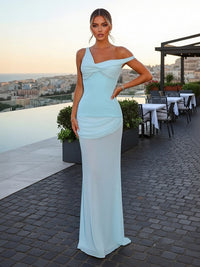 Chiffon Pleated V Neck Mermaid Sleeveless Prom Dresses