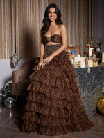 Tulle Strapless Tiered Cut Out 3D Flower A Line Prom Dresses