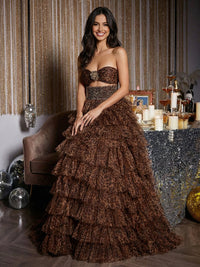 Tulle Strapless Tiered Cut Out 3D Flower A Line Prom Dresses