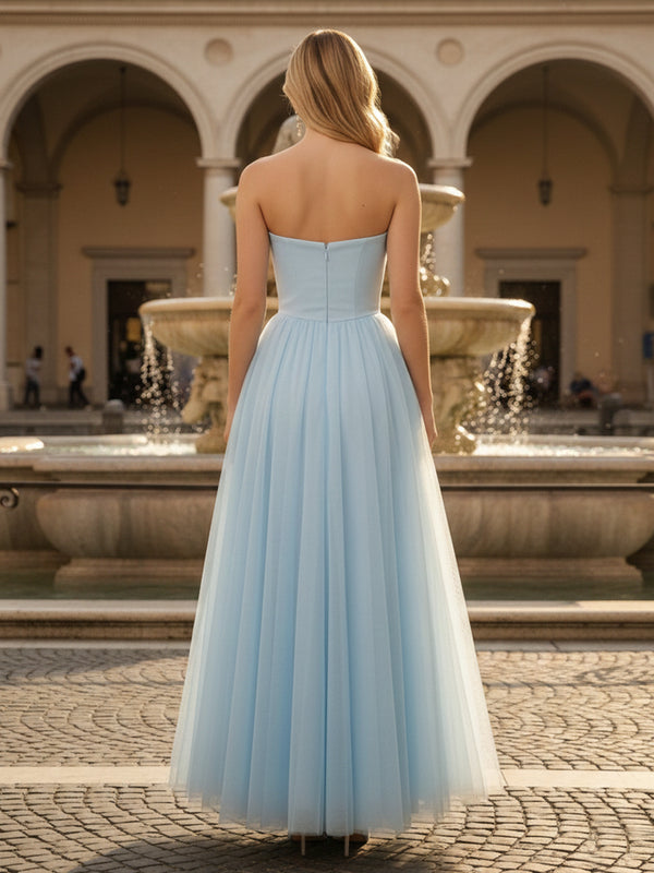 Tulle Strapless A Line Pleated Drop Waist Prom Dresses