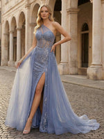 One Shoulder Sparkly Tulle Lace Appliques Mermaid Prom Dresses with Slit