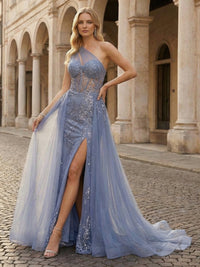 One Shoulder Sparkly Tulle Lace Appliques Mermaid Prom Dresses with Slit
