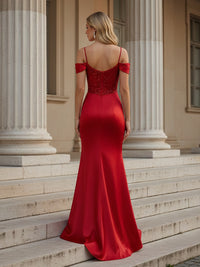 Spaghetti Straps Off the Shoulder Lace Appliques Mermaid Prom Dresses with Slit