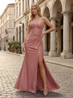 Sequin Spaghetti Straps Mermaid Pleated Prom Dresses with Slit