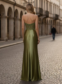 V Neck Lace Appliques Mermaid Pleated Prom Dresses with Slit