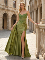 V Neck Lace Appliques Mermaid Pleated Prom Dresses with Slit