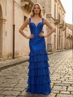 Spaghetti Straps Tiered V Neck Mermaid Pleated Prom Dresses