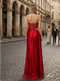 Strapless Lace Appliques Mermaid Prom Dresses with Slit