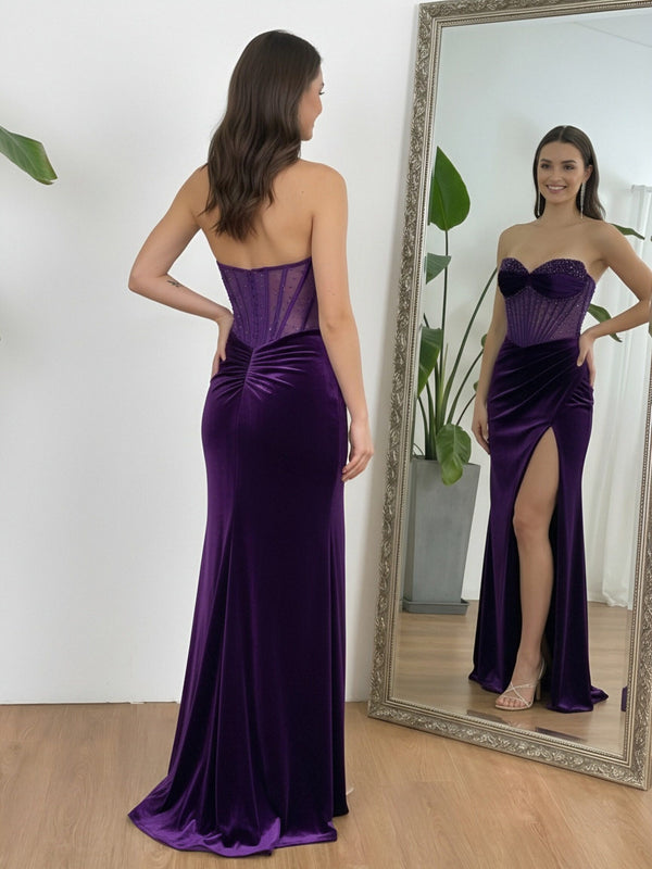 Velvet Sweetheart Corset Sparkly  Mermaid Pleated Prom Dresses with Slit