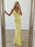 V Neck Tulle Lace Appliques Spaghetti Straps Sequin Sparkly Prom Dresses