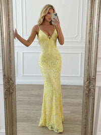 V Neck Tulle Lace Appliques Spaghetti Straps Sequin Sparkly Prom Dresses