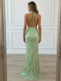 V Neck Tulle Lace Appliques Halter Sequin Sparkly Prom Dresses