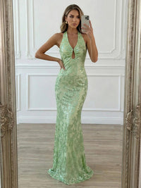 V Neck Tulle Lace Appliques Halter Sequin Sparkly Prom Dresses