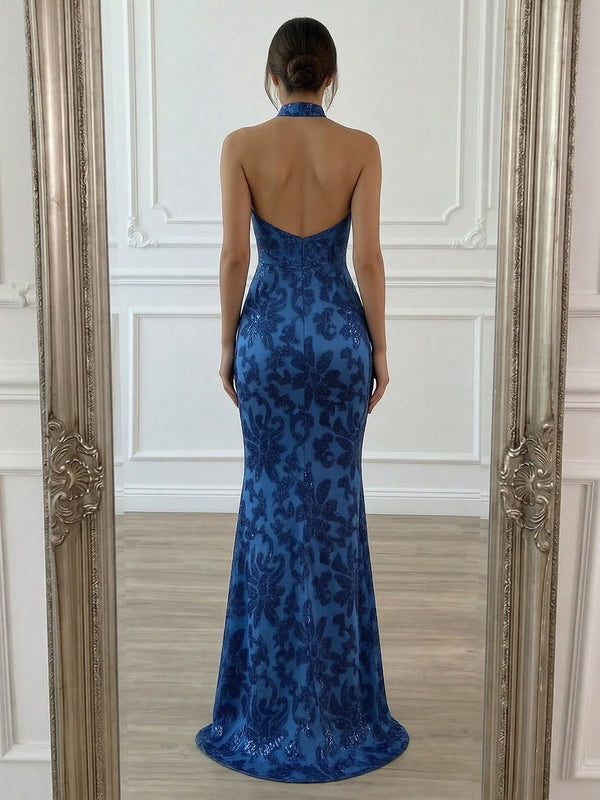 Tulle Lace Appliques Halter Sequin Sparkly Prom Dresses