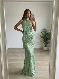 One Shoulder Scarf Tulle Lace Appliques Sparkly Prom Dresses
