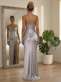 Satin Spaghetti Straps Cowl Neck Ruffles Sparkly Prom Dresses with Slit