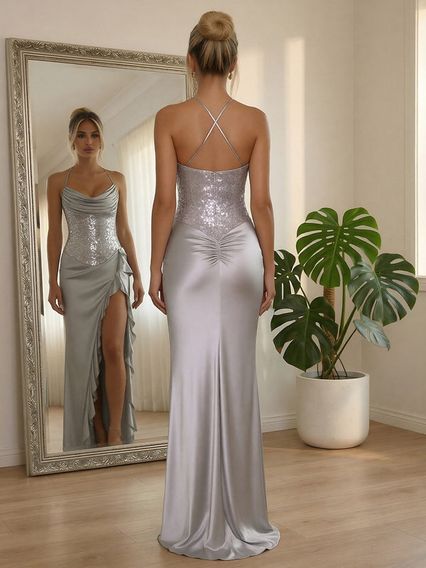 Satin Spaghetti Straps Cowl Neck Ruffles Sparkly Prom Dresses with Slit