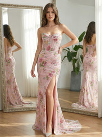 Floral Print Strapless Pleated Mermaid Prom Dresses with Slit