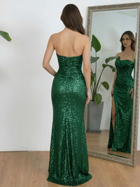Ruffles Sequin Strapless Pleated Sparkly Prom Dresses with Slit